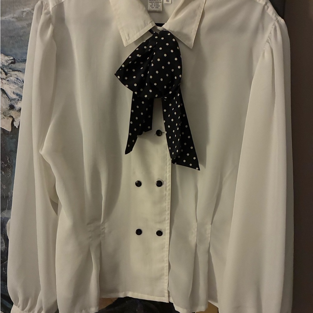 Chaus White Blouse with Black Polka Dot Bow